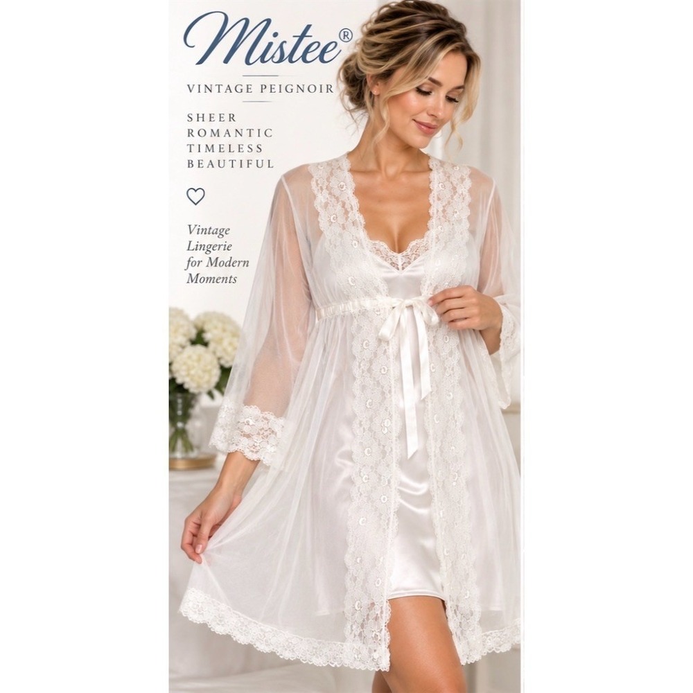 Mistee Vintage Sheer Peignoir Robe white Ivory Lace Satin Tie bridal M lingerie